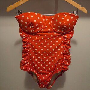 J.Crew Gemma Ruched Bandeau One-Piece Swimsuit Size 4 Orange Polka Dot